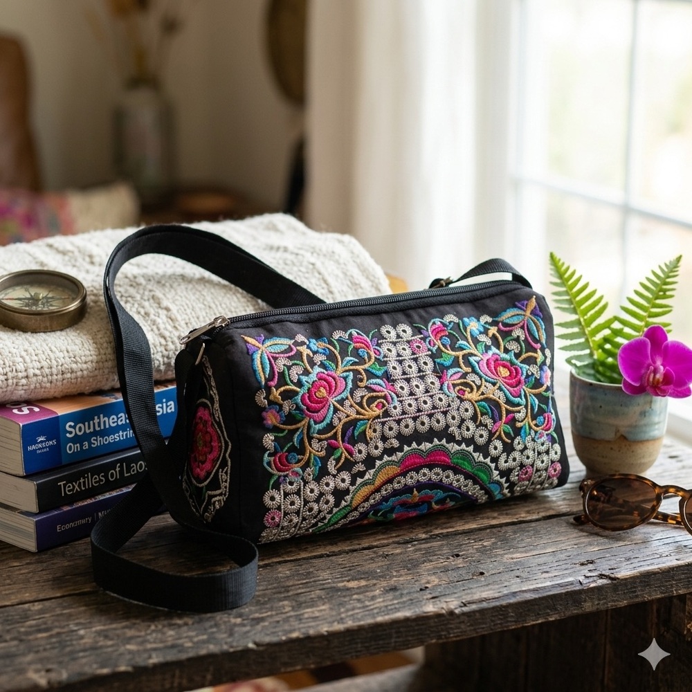 Hmong Women's Vintage Handbag, Hippie Style Crossbody Bag, Ethnic, Embroidered - Picture 2 of 7